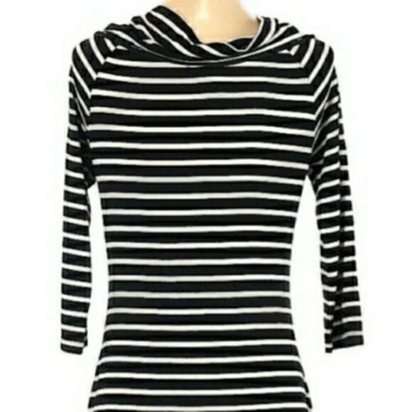 WHBM Dress Bodycon Off Shoulder Stretch 1/2 Sleeve Mini Knit Black Striped S - Picture 8 of 10